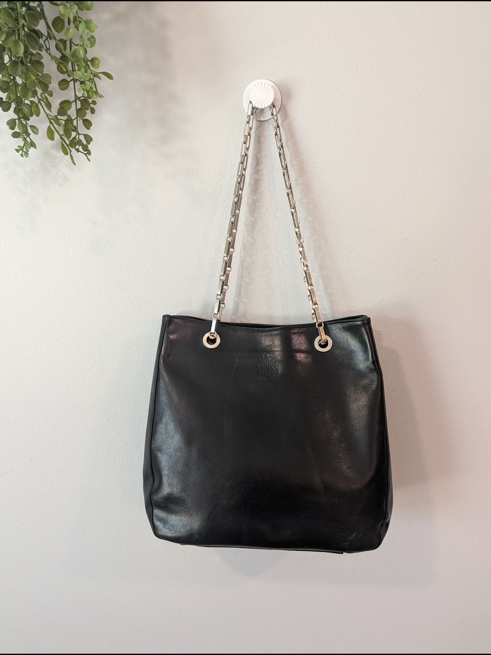 Vintage Mark Cross Black Leather Shoulder Tote with Silver Chain Handles